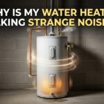 A modern white water heater tank against a concrete block wall with illuminated, glowing soundwave graphics wrapping around it, featuring the overlay text 'Why Is My Water Heater Making Strange Noises?'.