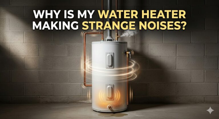 A modern white water heater tank against a concrete block wall with illuminated, glowing soundwave graphics wrapping around it, featuring the overlay text 'Why Is My Water Heater Making Strange Noises?'.