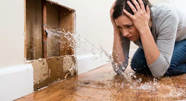 A distressed woman holds her head in panic as water forcefully sprays from a burst copper plumbing pipe inside an open section of a drywall wall, flooding a hardwood floor.