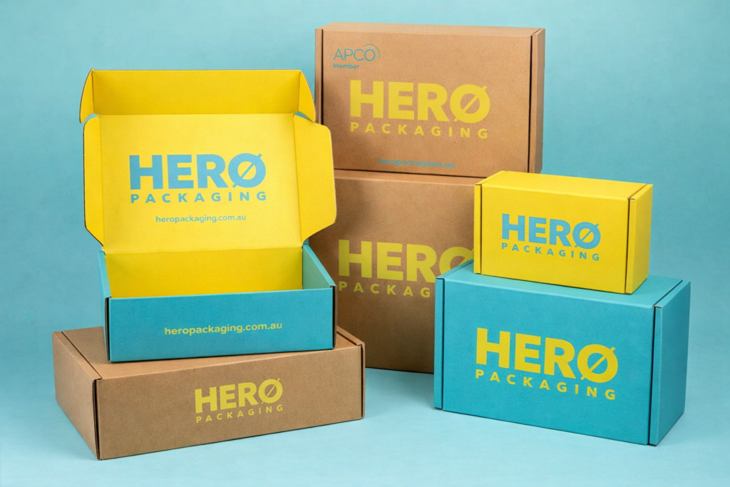 Branded HERO PACKAGING boxes arrangement