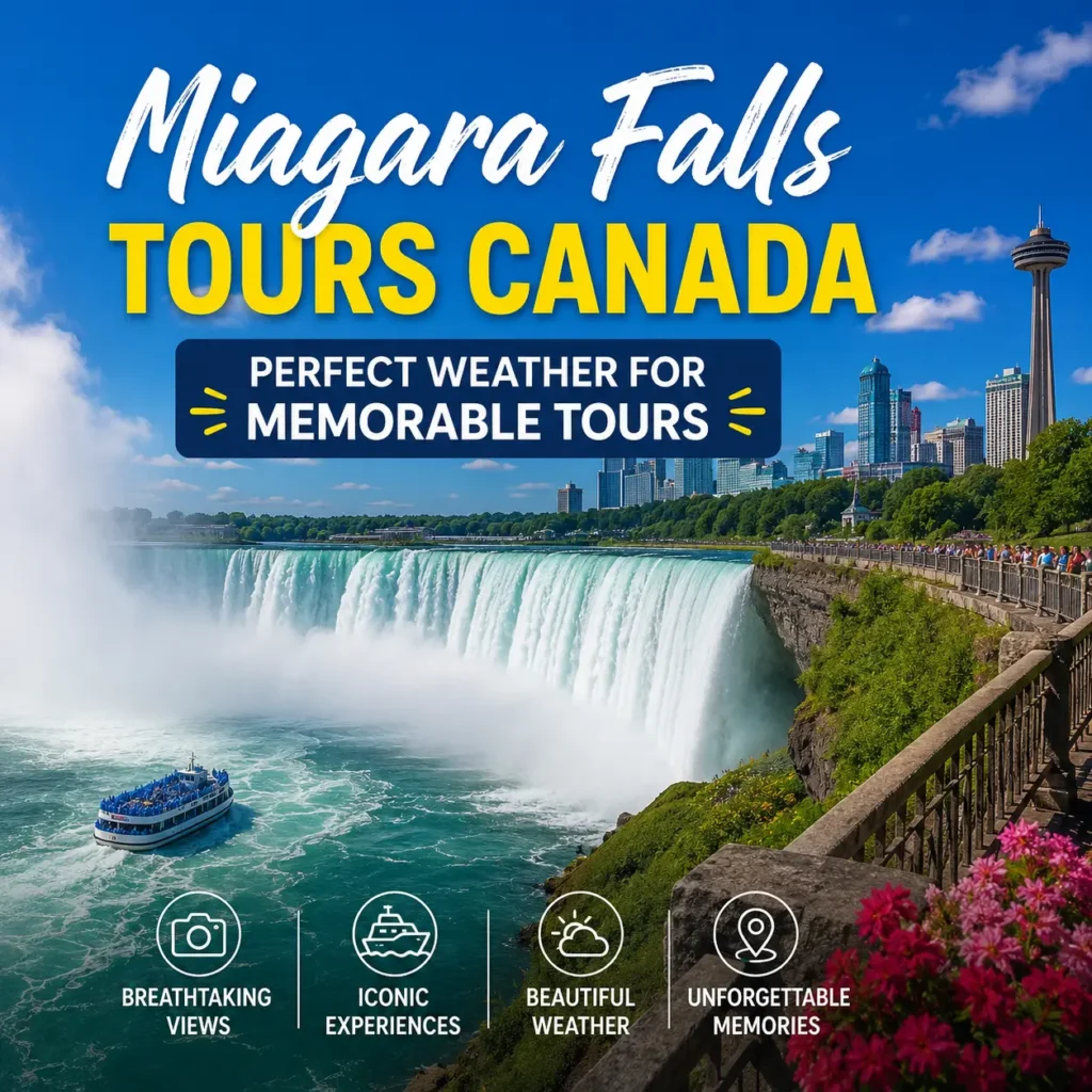 Niagara Falls Tours Canada showcasing beautiful weather, stunning waterfall scenery, and memorable sightseeing opportunities from the Canadian side.