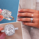 Collage of lab grown diamond engagement rings showcasing a pear cut solitaire ring, a cushion cut halo ring, and a cushion cut diamond ring worn on a hand.
