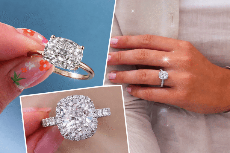 Collage of lab grown diamond engagement rings showcasing a pear cut solitaire ring, a cushion cut halo ring, and a cushion cut diamond ring worn on a hand.