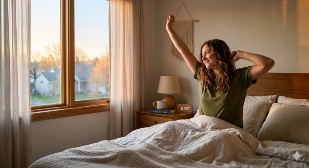 Woman stretching in bed beside a sunlit window, enjoying a peaceful morning in a cozy bedroom.