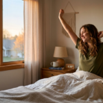 Woman stretching in bed beside a sunlit window, enjoying a peaceful morning in a cozy bedroom.