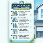 A clean, blue and green illustrated infographic titled "Garage Door Maintenance Checklist for Homeowners." The central panel lists five actionable steps—inspecting rollers, lubricating parts, checking springs, testing balance, and checking the safety reverse mechanism—complete with descriptive icons and checkboxes. The right side features a modern suburban two-story home with its garage door safely open.