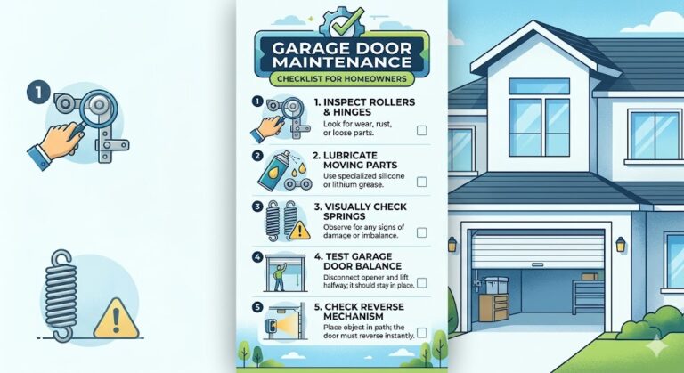 A clean, blue and green illustrated infographic titled "Garage Door Maintenance Checklist for Homeowners." The central panel lists five actionable steps—inspecting rollers, lubricating parts, checking springs, testing balance, and checking the safety reverse mechanism—complete with descriptive icons and checkboxes. The right side features a modern suburban two-story home with its garage door safely open.