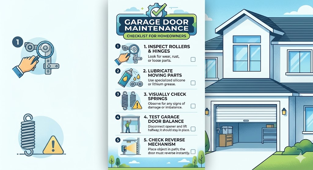 A clean, blue and green illustrated infographic titled "Garage Door Maintenance Checklist for Homeowners." The central panel lists five actionable steps—inspecting rollers, lubricating parts, checking springs, testing balance, and checking the safety reverse mechanism—complete with descriptive icons and checkboxes. The right side features a modern suburban two-story home with its garage door safely open.