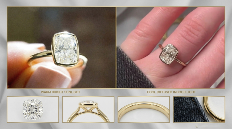 Cushion cut lab grown diamond engagement ring with a bezel setting in yellow gold, shown in sunlight and indoor lighting with detailed side and band views.