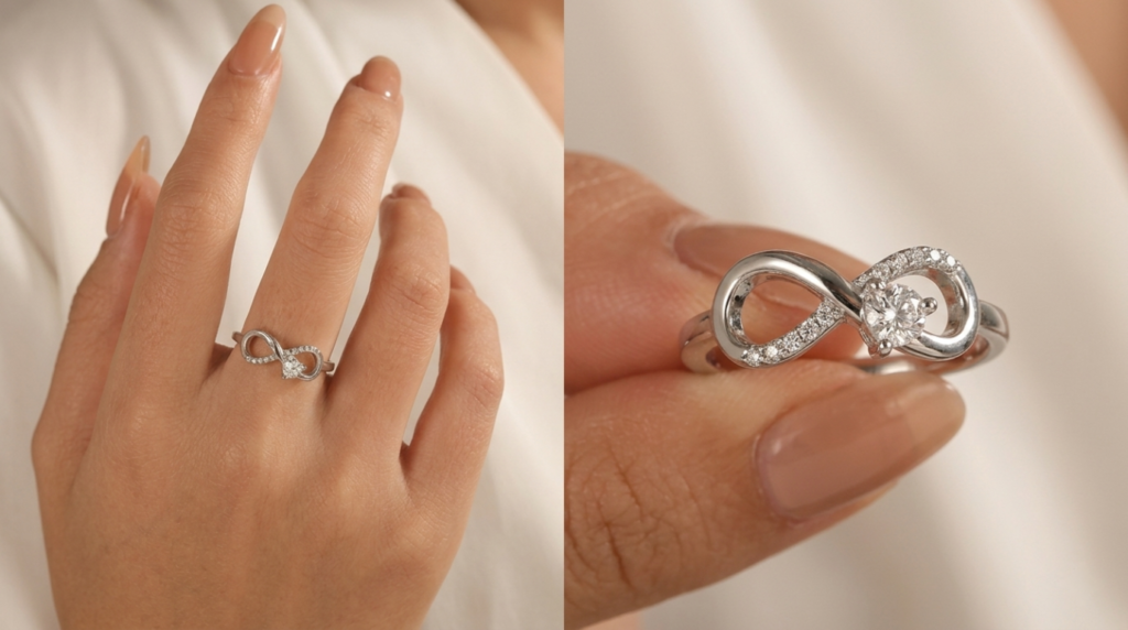 Close-up of a white gold infinity ring featuring a round diamond and pavé accents, worn on a hand and displayed in detail.
