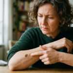 Person examining a dark mole on their forearm while checking for possible signs of skin cancer or changes in skin health