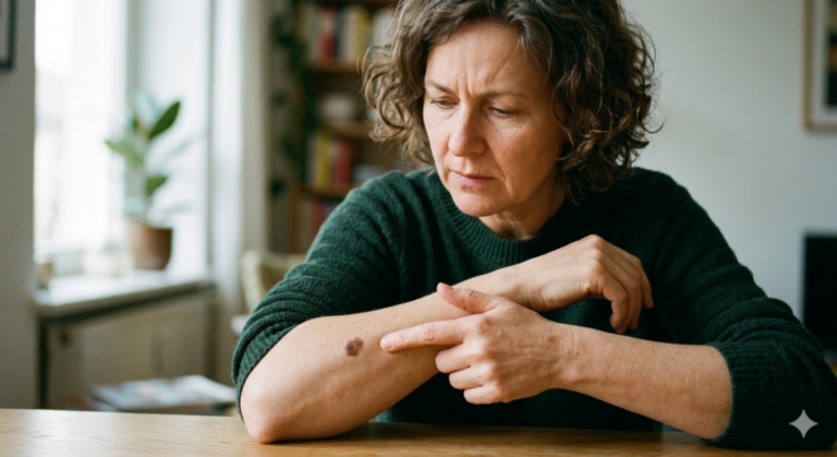 Person examining a dark mole on their forearm while checking for possible signs of skin cancer or changes in skin health