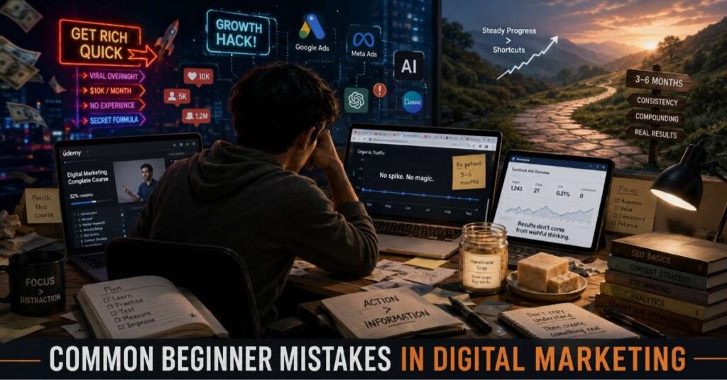 A wide 1200×628 pixel editorial illustration showing an overwhelmed but determined young professional at a cluttered desk, surrounded by multiple open laptop tabs, scattered notes, and digital marketing dashboards. Floating icons represent social media ads, AI tools, analytics graphs, and "growth hack" shortcuts. In the background, two contrasting paths are visible: a flashy neon shortcut and a quieter, steady road labeled "3–6 months," representing the slow, patient reality of real marketing progress. A small jar of handmade soap sits on the desk as a subtle metaphor for patience and long-term growth. The mood is reflective and grounded, with deep blue and muted orange tones. Text at the bottom reads: "Common Beginner Mistakes in Digital Marketing."