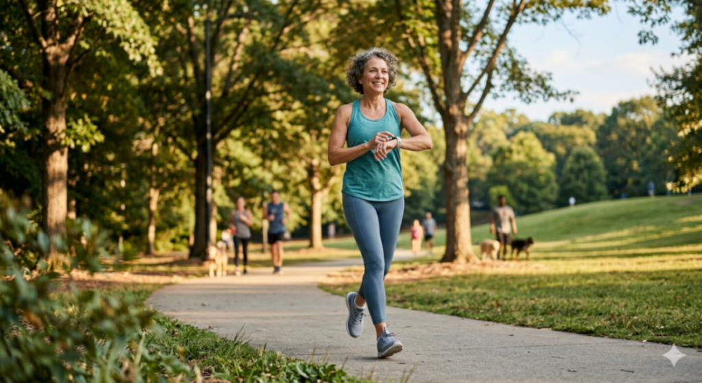 Middle-aged woman jogging on a park trail surrounded by trees and greenery