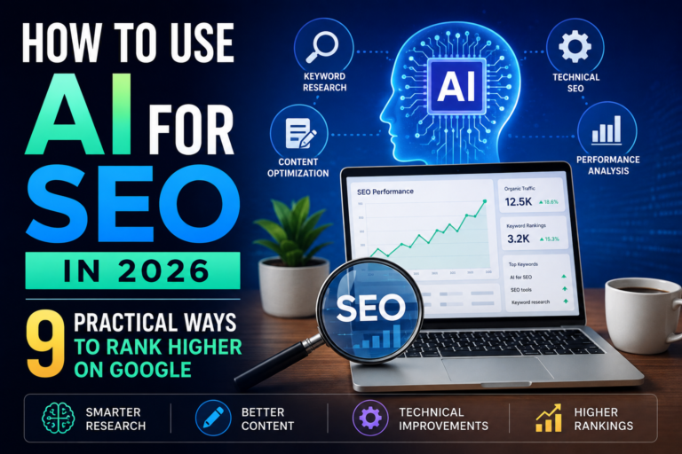 AI for SEO in 2026 showing keyword research, content optimization, technical SEO, and performance analysis.