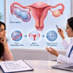 Medical illustration showing hydrosalpinx in a blocked fallopian tube and its impact on IVF and fertility treatment.
