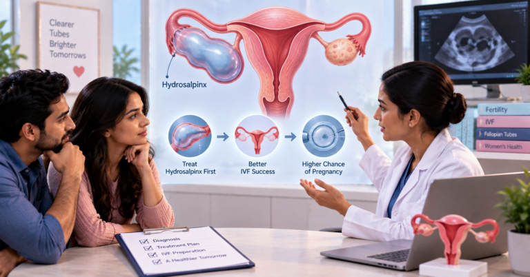 Medical illustration showing hydrosalpinx in a blocked fallopian tube and its impact on IVF and fertility treatment.