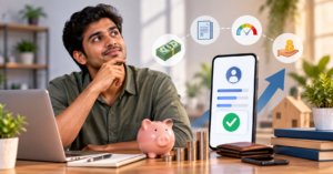 Person exploring personal loan eligibility on a low monthly salary using a smartphone, with financial documents, savings, coins, and loan approval indicators.
