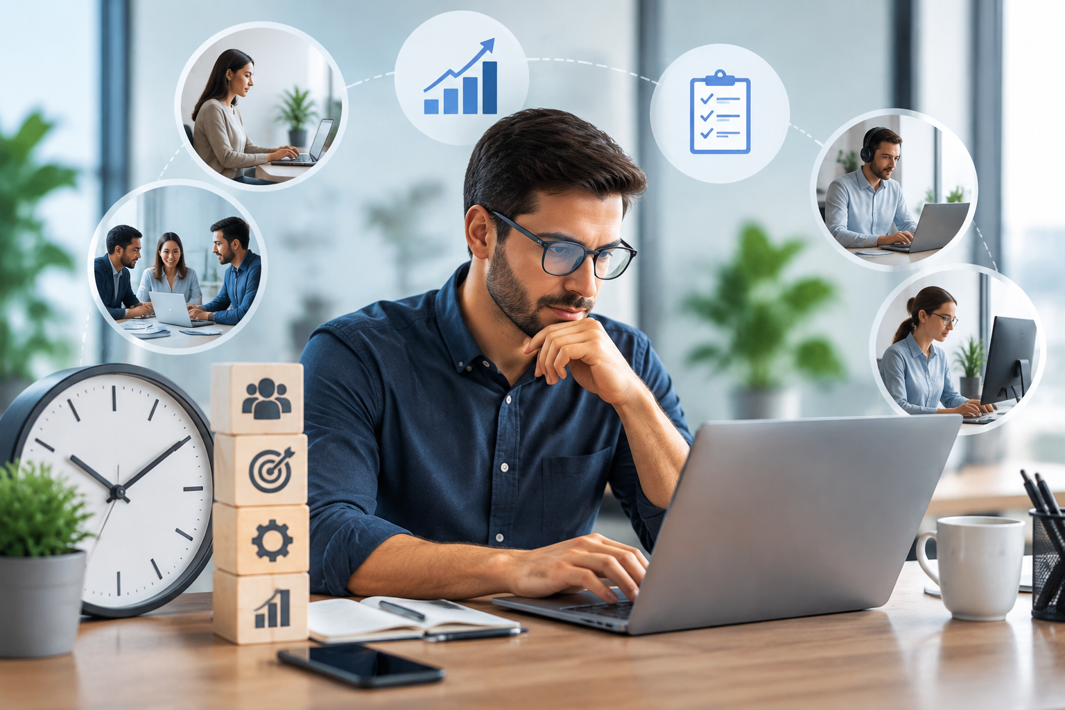 A professional employee using a laptop in a modern office with time management, productivity, teamwork, and workforce tracking visual elements around them.