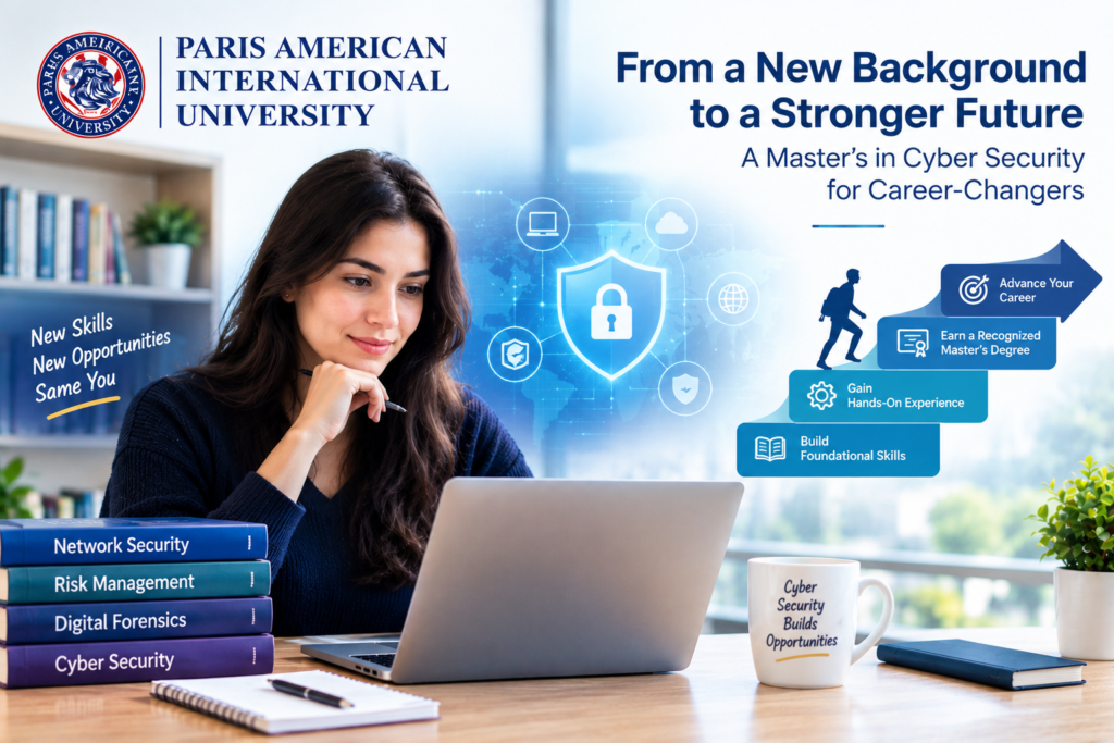 Master's degree in cyber security for career-changers, featuring online learning, foundational skills, and cybersecurity career development.