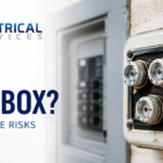 Old screw-in electrical fuse box in a Bronx apartment building with YT Electrical Services Inc. logo and Licensed electricians bronx, highlighting outdated electrical systems and safety risks.