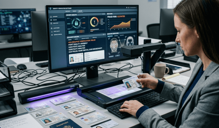 Fraud analyst using fake ID detection technology to review a document's security features