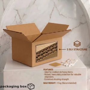 alt=Standard 5-ply corrugated e-commerce cardboard shipping box showing cutaway of double wall fluting structure