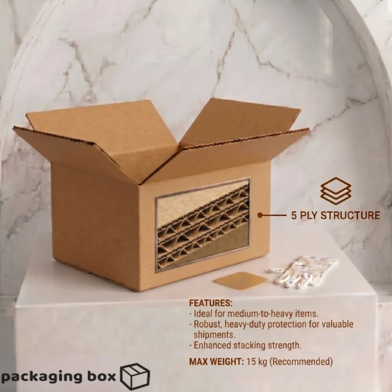 alt=Standard 5-ply corrugated e-commerce cardboard shipping box showing cutaway of double wall fluting structure