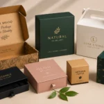 alt=Custom printed packaging boxes in various styles including mailer box, rigid drawer boxes, gable box, and product boxes for cosmetics and retail