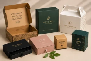 alt=Custom printed packaging boxes in various styles including mailer box, rigid drawer boxes, gable box, and product boxes for cosmetics and retail
