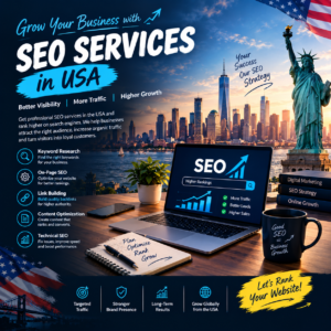 alt=SEO services in USA showing laptop with ranking graphs, Statue of Liberty, and New York skyline