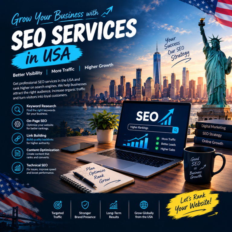 alt=SEO services in USA showing laptop with ranking graphs, Statue of Liberty, and New York skyline