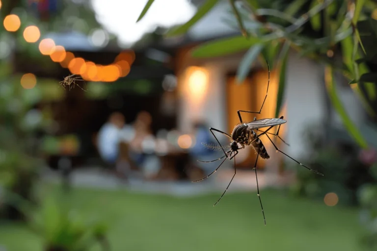 alt="Close-up of a mosquito resting on leaves in a backyard garden during dusk"