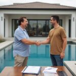 lucid-origin_A_homeowner_shaking_hands_with_a_pool_contractor_in_front_of_a_newly_finished_sw-0