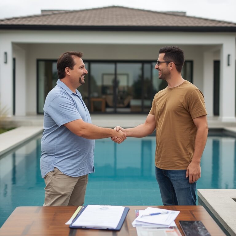 lucid-origin_A_homeowner_shaking_hands_with_a_pool_contractor_in_front_of_a_newly_finished_sw-0