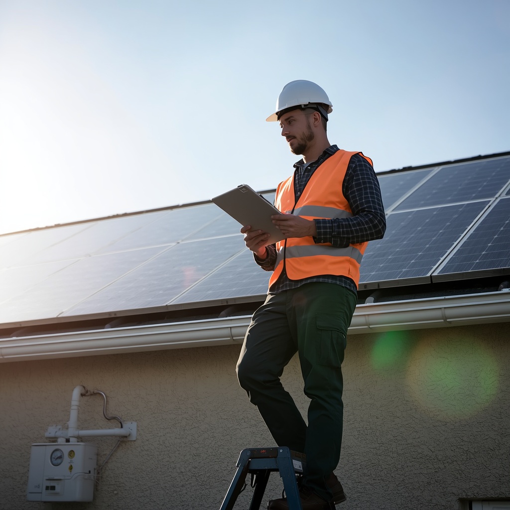 lucid-origin_A_photorealistic_image_of_a_solar_technician_or_inspector_standing_on_a_ladder_n-0