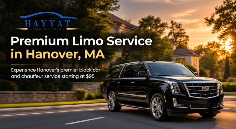 Premium limo service in Hanover, MA featuring a luxury black Cadillac SUV by Hayyat Limo Service.