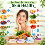 Best Foods for Supporting Skin Health including berries, fish, nuts, vegetables and healthy foods
