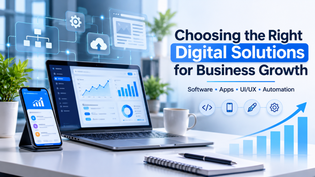Digital solutions for business growth featuring software, mobile apps, UI/UX design and automation