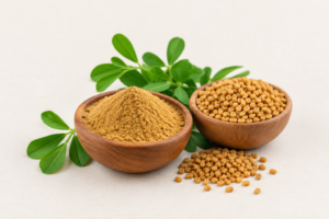 Fenugreek Seed Extract powder and whole fenugreek seeds in wooden bowls with green leaves.