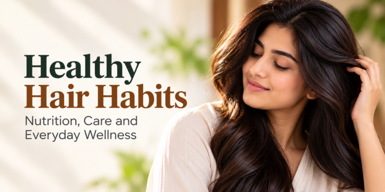 Healthy hair habits with a woman showcasing long, shiny hair, highlighting nutrition, hair care, and everyday wellness.