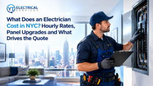 YT Electrical Services electrician inspecting an electrical panel in a New York City apartment.