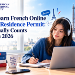 Student learning French online for an A2 residence permit exam in 2026, with study materials and the Paris skyline.