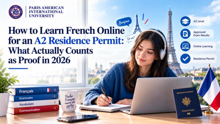 Student learning French online for an A2 residence permit exam in 2026, with study materials and the Paris skyline.