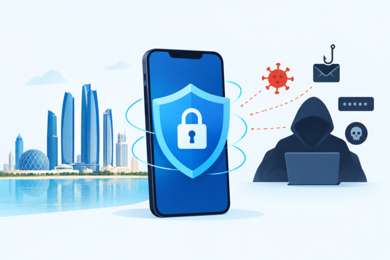 Shielded Smartphone Cybersecurity over Abu Dhabi skyline
