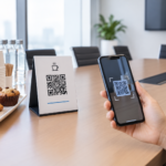 Smartphone Scanning a Conference Table QR Menu