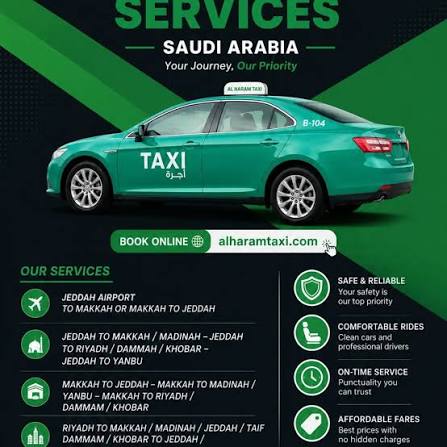 Makkah to Jeddah taxi fare comparison showing private Umrah taxi transportation for budget-conscious travelers traveling between Makkah and Jeddah, Saudi Arabia.