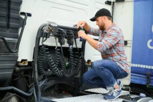 View of a driver connecting the power cables to trailer of a commercial truck