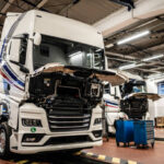 Interior of truck truck repair shop.