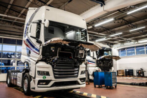 Interior of truck truck repair shop.